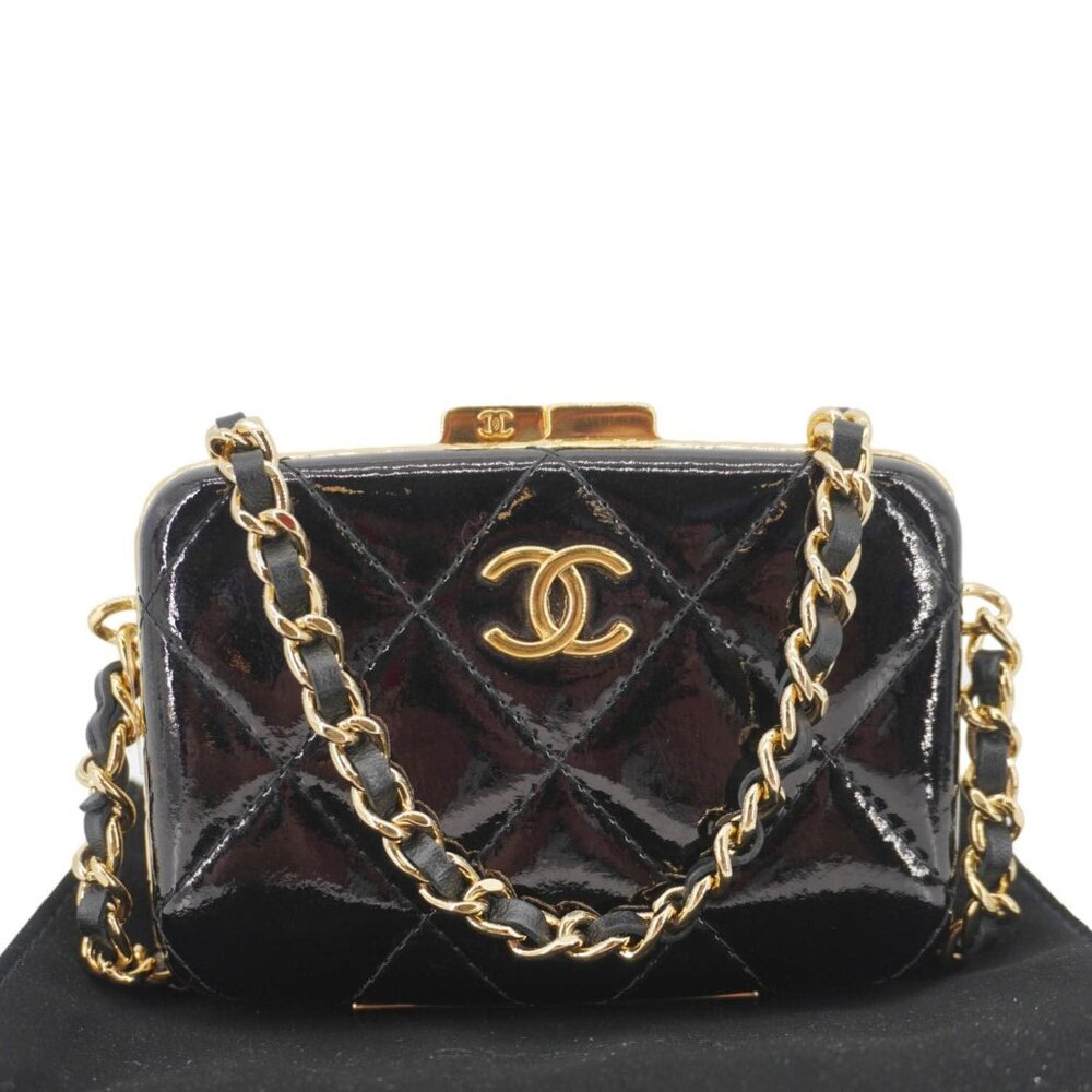 Chanel  Framed Box Mini Quilted Patent Leather Chain Clutch Bag Black - Picture 3 of 14
